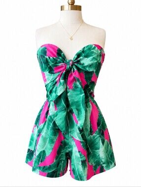 Buddy Love Hot Pink & Green Tropical Tie-Front Romper.